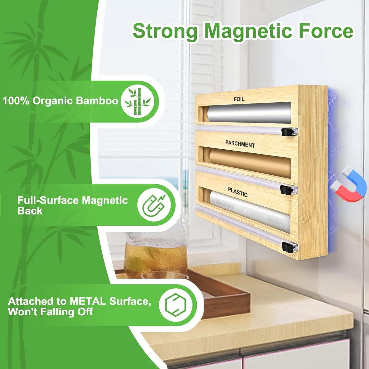 Magnetic Plastic Wrap Dispenser with Cutter, 3 in 1 Refrigerator Bamboo Organizer for Tin Foil