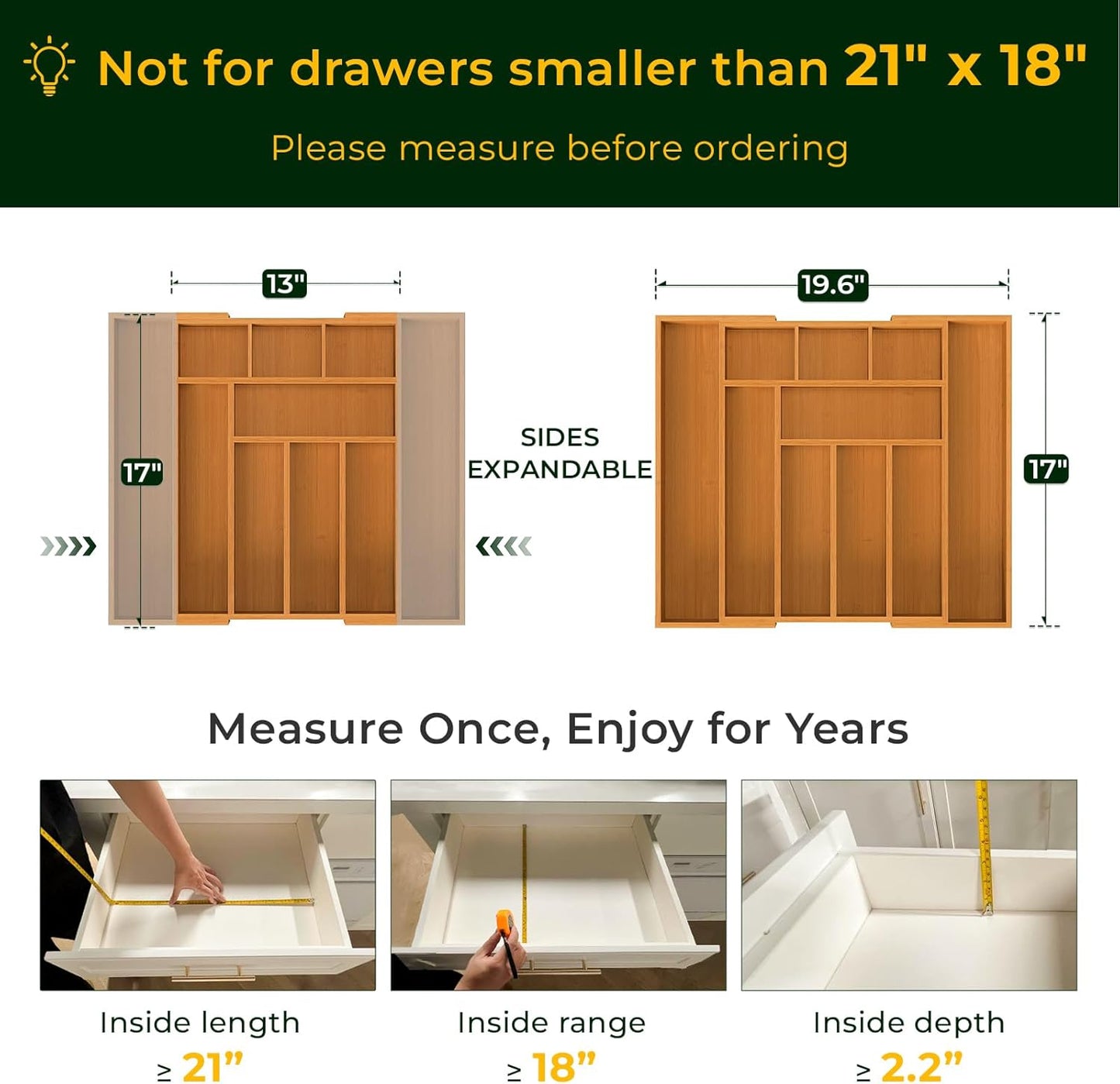 Carbonized Bamboo Kitchen Drawer Organizer, 10 Slots Expandable Silverware Organizer
