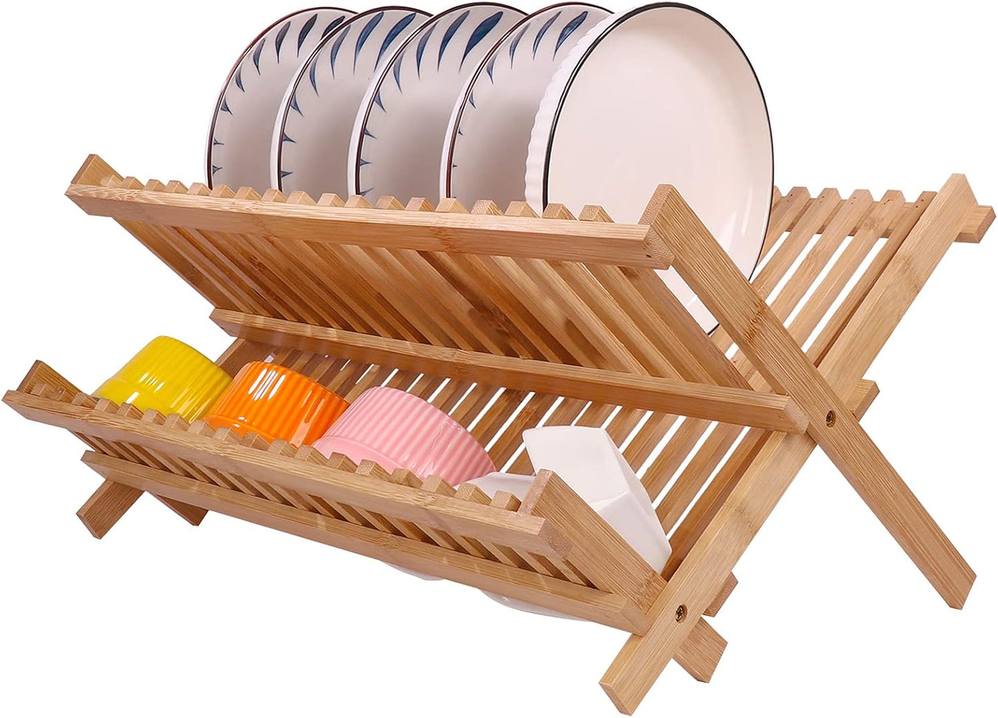 Collapsible Bamboo Dish Drying Rack - 2 Tier Space Saving Kitchen Counter Organizer
