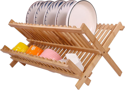 Collapsible Bamboo Dish Drying Rack - 2 Tier Space Saving Kitchen Counter Organizer