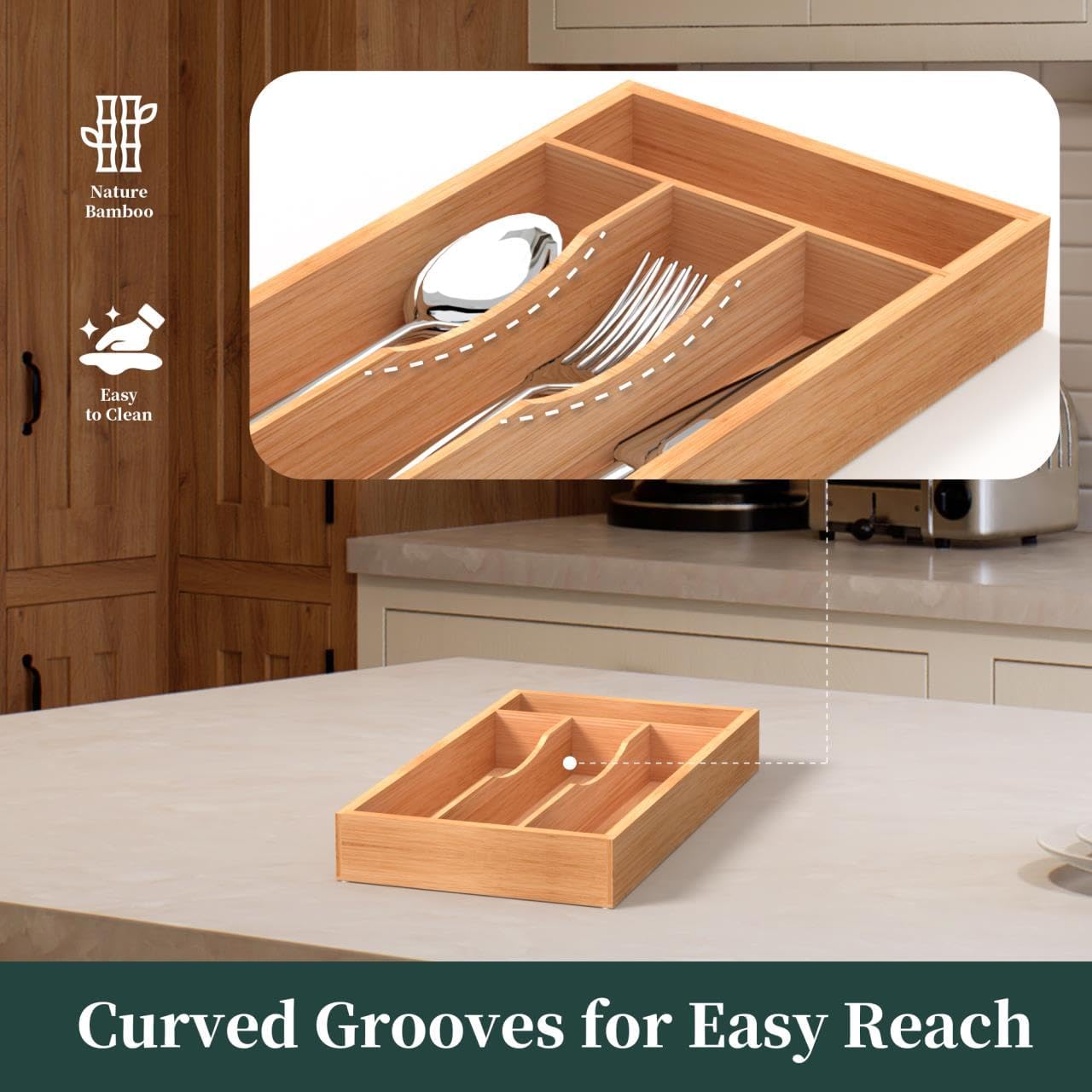 Small Silverware Organizer, Bamboo Kitchen Drawer Organizer, Utensil Holder