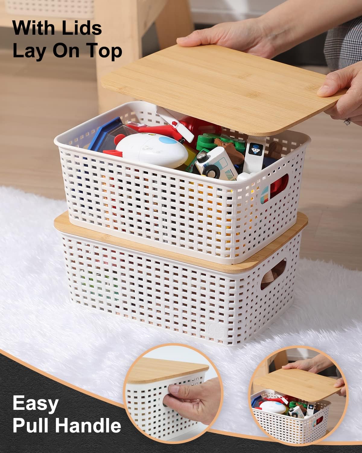 Plastic Storage Baskets with Bamboo Lids for Pantry Organization and Storage Containers Bins for Shelves Drawers Desktop Closet Playroom Classroom Office Home, 6 Pack,White