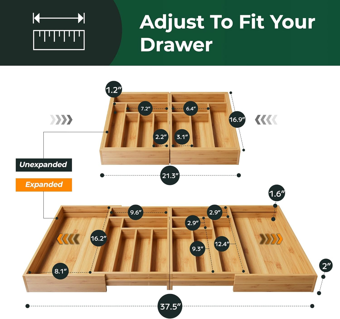 Large Silverware Organizer, 13 Slots Magnetic Connected Expandable Bamboo Utensil Drawer Organizer From 21 to 37.4 Inches, Adjustable Flatware and Cutlery Holder, Utensil Tray for Kitchen Natural