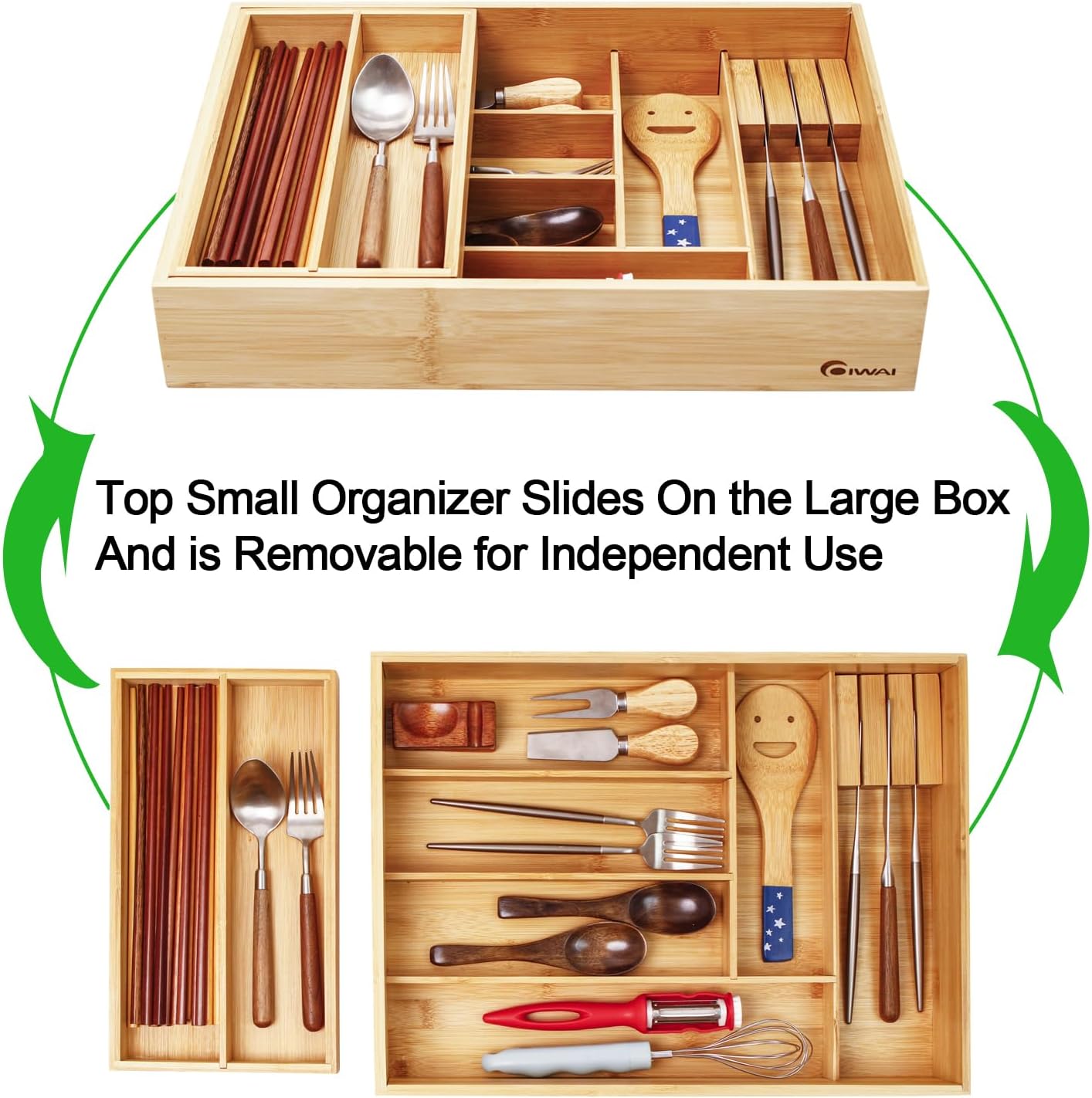 Double Layer Bamboo Kitchen Drawer Organizer Cutlery Utensil Silverware Drawer Organizer