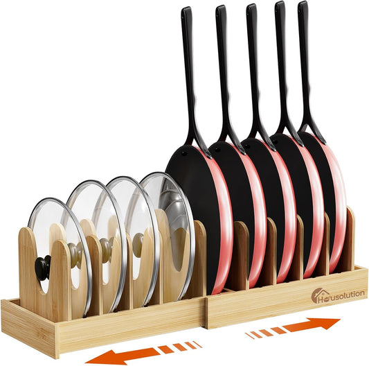 Bamboo Pot and Pan Organizer for Cabinet, 15"-29" Expandable Pot Lid Organizer with 10 Adjustable Dividers, Pan Holder Storage Rack with Solid Bamboo Wooden Base