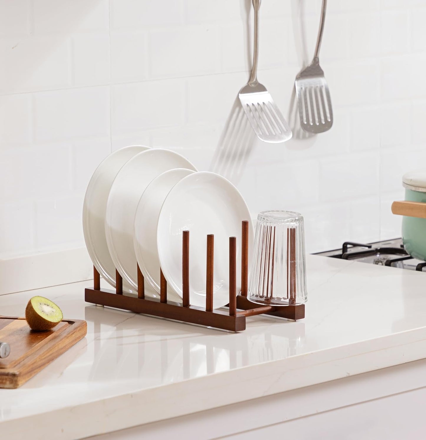 6 Slots Teak Dish Plate Bowl Cup Book Pot Lid Cutting Board Drying Rack Stand Drainer Storage Holder Organizer Kitchen Cabinet（Keep Dry）