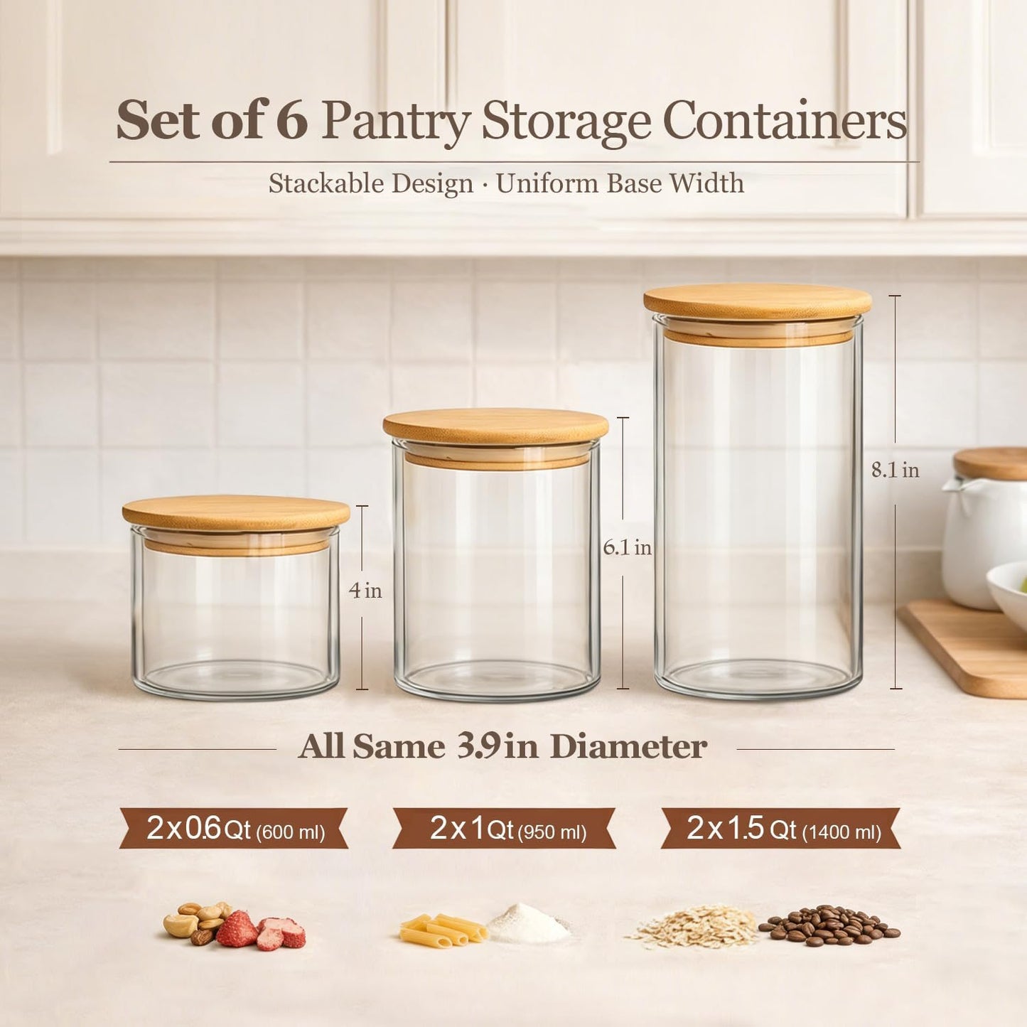 Glass Storage Containers with Lids (0.6qt/1qt/1.5qt) Set of 6,Glass Pantry Storage Containers with Airtight Lid & lables for Dry Food, Snacks, Nuts, Stackable for Kitchen, Pantry Organization