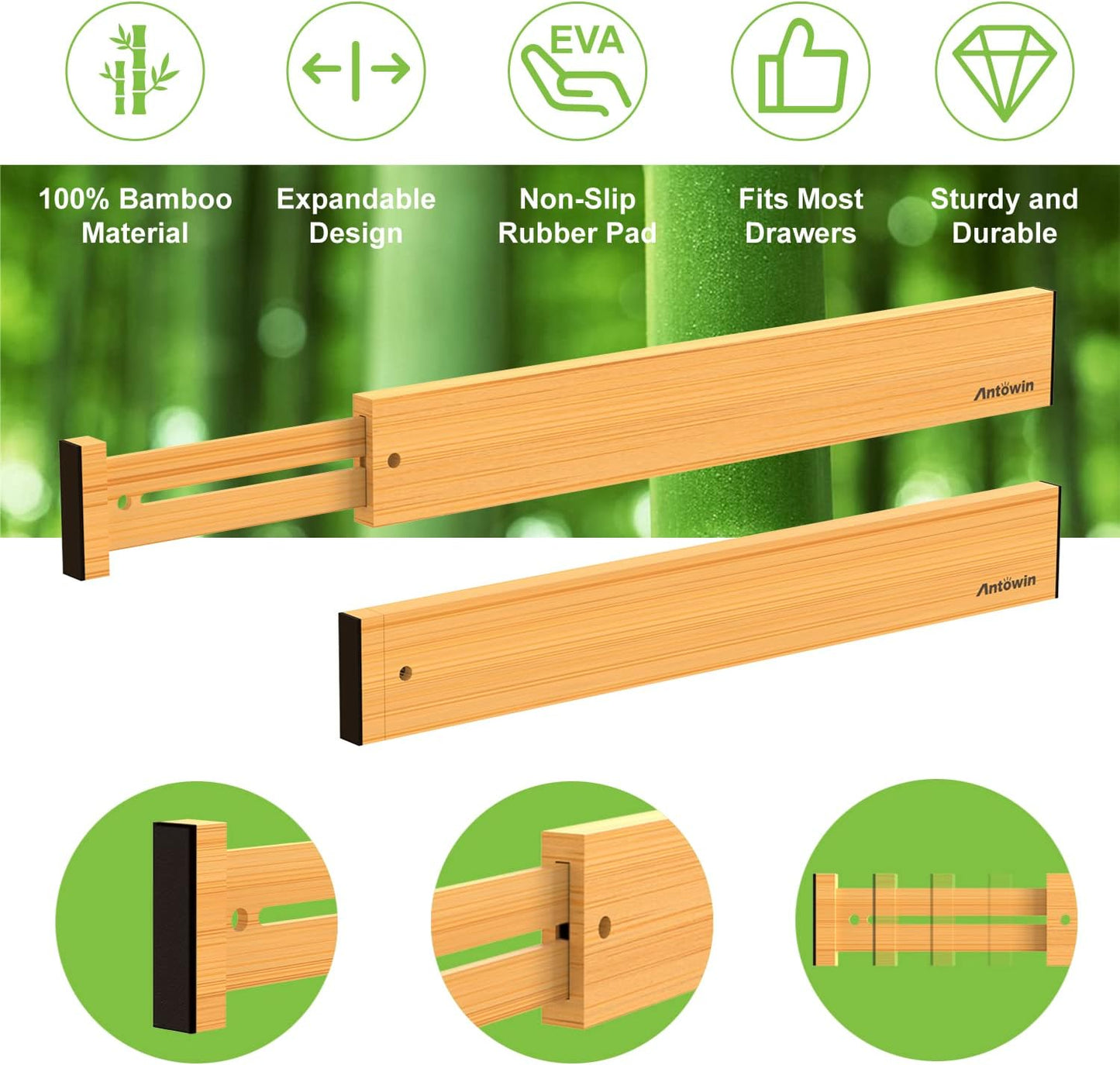 Bamboo Drawer Dividers, Expandable Drawer Separators Splitter
