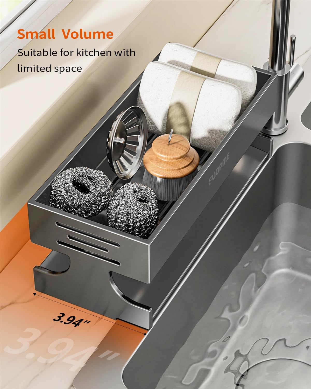 Sponge Holder for Kitchen Sink - Rustproof Carbon Steel Sink Caddy Organizer with Auto-Drain