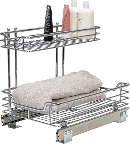 Glidez Multipurpose Chrome-Plated Steel Pull-Out/Slide-Out Storage Organizer for Under Sink or Under Cabinet Use - 2-Tier Design - Fits Standard Size Cabinet or Shelf, Chrome