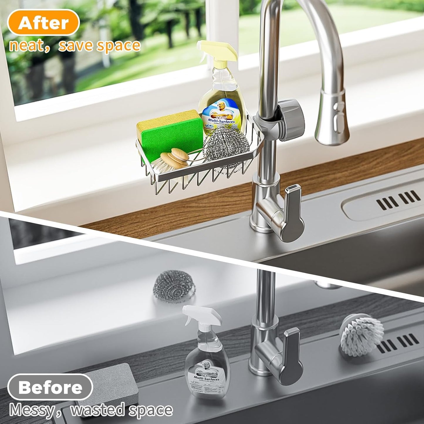 Stainless Steel Kitchen Sink Organizer Caddy – Over Faucet Sponge & Brush Holder, Rust-Resistant