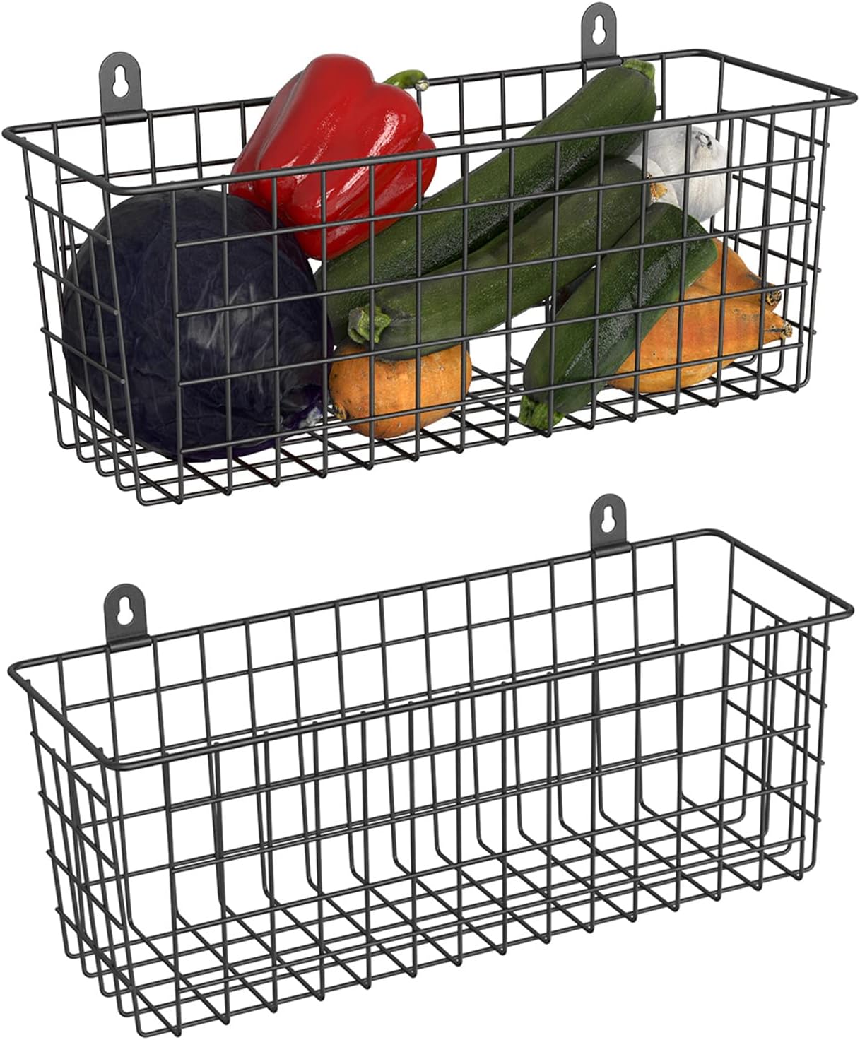 [Extra Large] Wire Basket 2-Pack Hanging Wall Organizer Cabinet Storage Basket Wall Mounted Shelves Rustic Farmhouse Decor for Home Kitchen Bathroom, BLACK