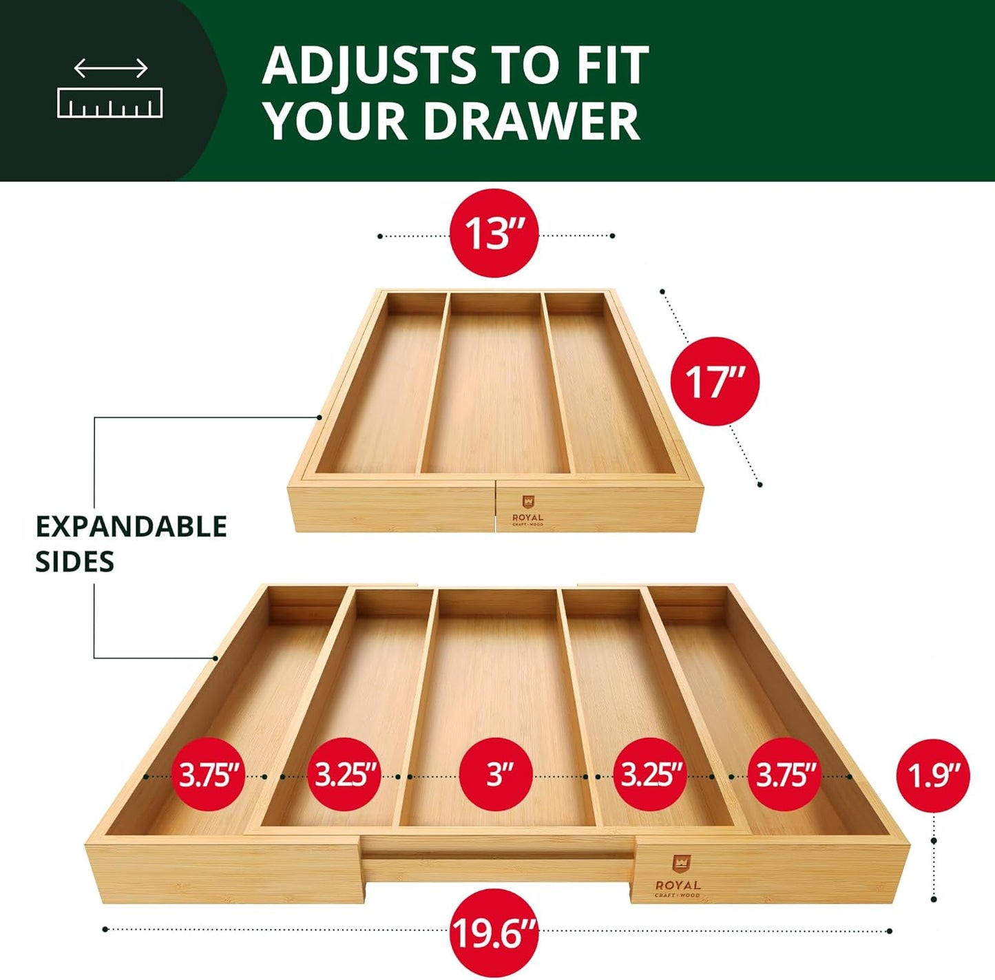 Luxury Bamboo Kitchen Drawer Organizer - Silverware Organizer