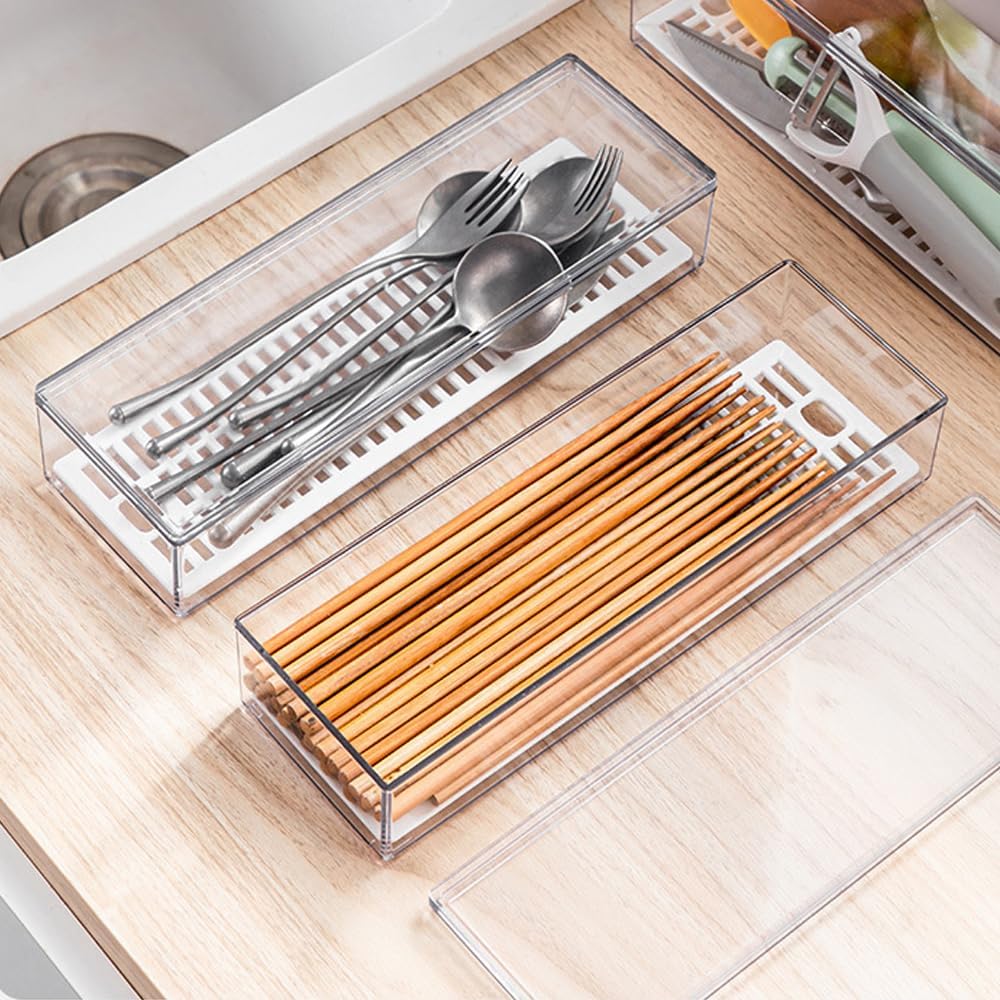 Transparent Flatware Tray Kitchen Drawer Organizer With Lid