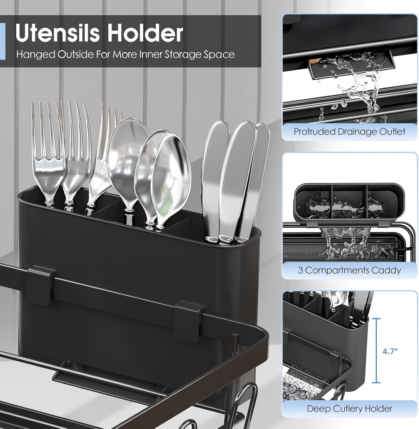 Compact Dish Drainer for Kitchen Counter - Expandable Large Capacity Drying Rack with Removable Cutlery Holder, Anti-Rust Plate Rack, Non-Slip Feet