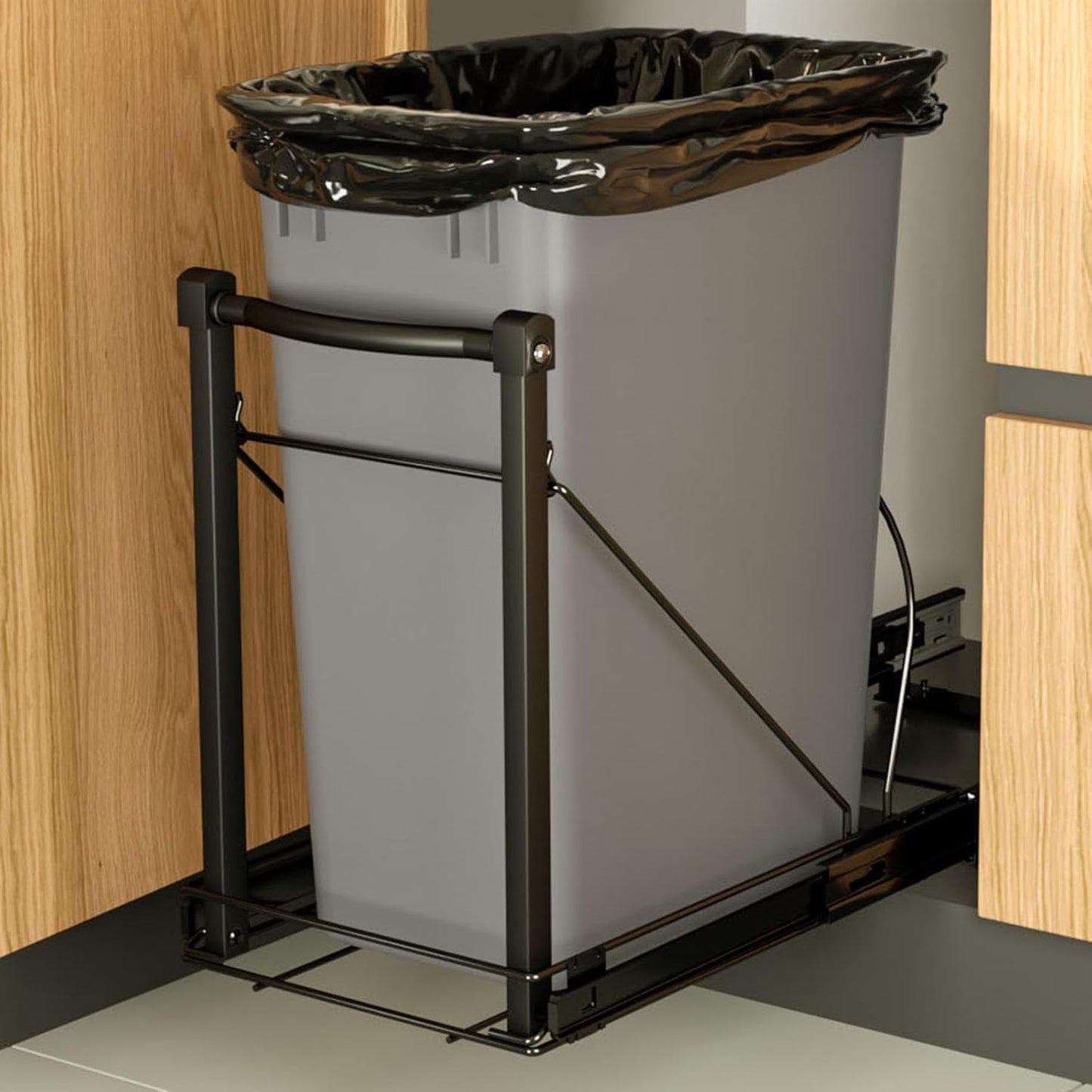 Adjustable Under Cabinet Trash Can Organizer with Soft Close Rail