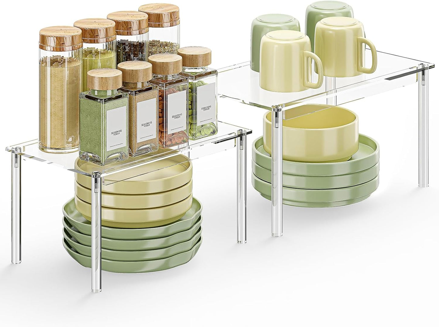 Clear Kitchen Cabinet Organizer, Set of 2 Acrylic Shelf Organizer for Cupboard Organizers and Storage, Stackable Cabinet Shelf for Plate, Dish, Bowl, Cup & Mug, 11.7" W x 7.7" D x 6.3" H