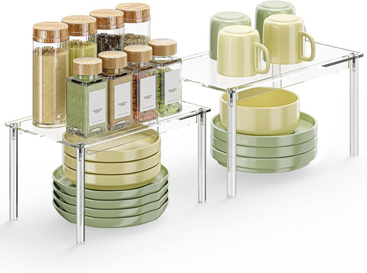 Clear Kitchen Cabinet Organizer, Set of 2 Acrylic Shelf Organizer for Cupboard Organizers and Storage, Stackable Cabinet Shelf for Plate, Dish, Bowl, Cup & Mug, 11.7" W x 7.7" D x 6.3" H