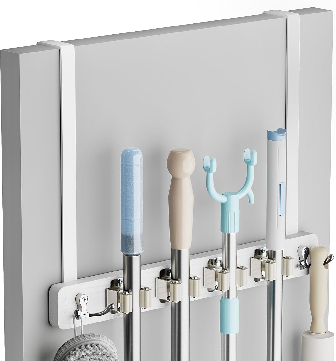 Broom Holder Door Mount, Over the Door Broom and Mop Holder with 2 Over Door Hooks