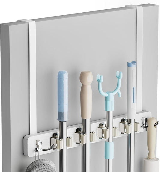 Broom Holder Door Mount, Over the Door Broom and Mop Holder with 2 Over Door Hooks