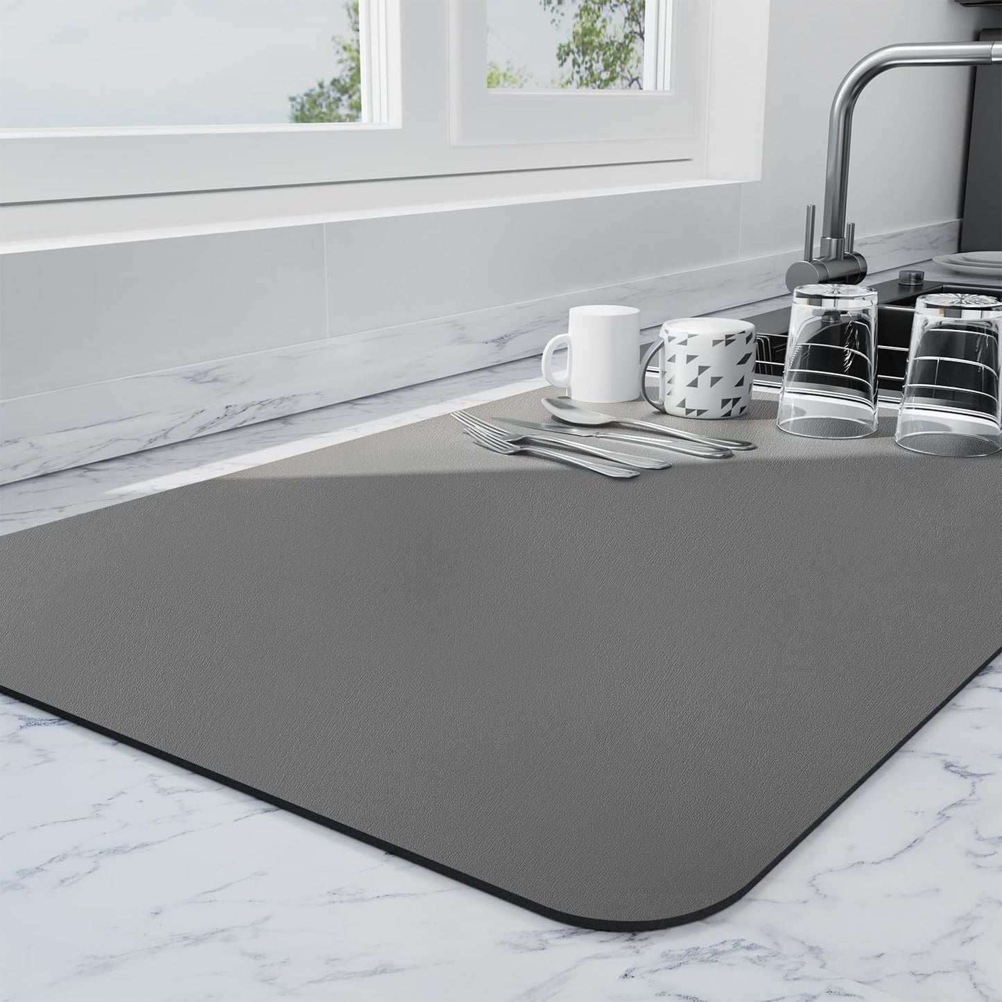 Dish Drying Mat for Kitchen Counter | Coffee Bar Mat for Countertops | Heat Resistant Drainer Mat with Non-slip Rubber Backed | Hide Stain Kitchen Absorbent Draining Mat | Dark Grey 16"x18"