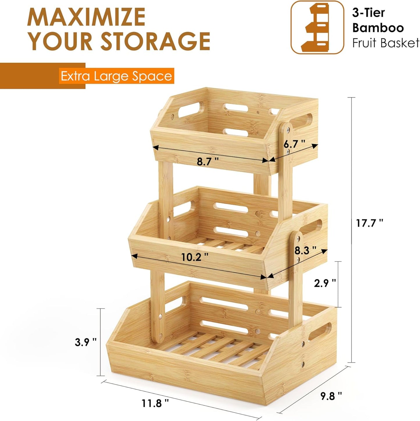 3 Tier Bamboo Fruit Basket, Fruit Basket for Kitchen Counter Fruit Bowl Fruit and Vegetable Storage, Fruit Bowl for Onion Potato Bread Snack Organizer and Kitchen Decor