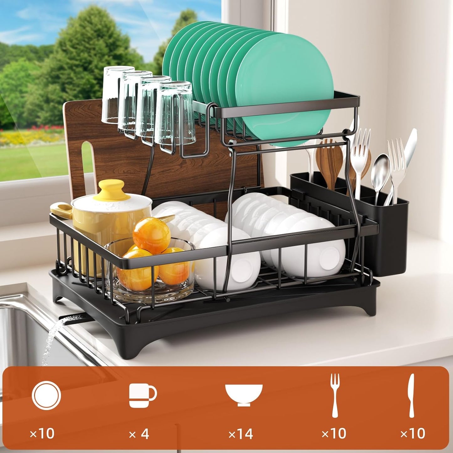 Dish Drying Rack, 2-Tier Dish Rack with Auto-Drain & Mat, Dish Racks for Kitchen Counter