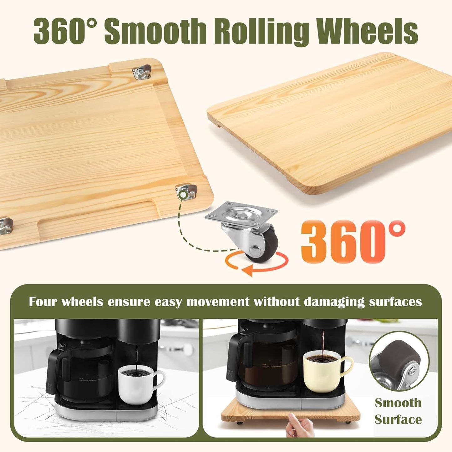 360° Rolling Tray for Coffee Maker, Sliding Tray Countertop Appliance Slider with Rubber Wheels for Heavy Kitchen Appliances, Easily from Under Cabinet (13”W x 16”D, Natural)