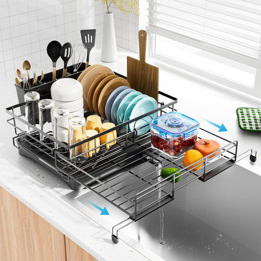 Dish Drying Rack - Expandable Rack, Large Capacity Dish Drainer for Kitchen Counter