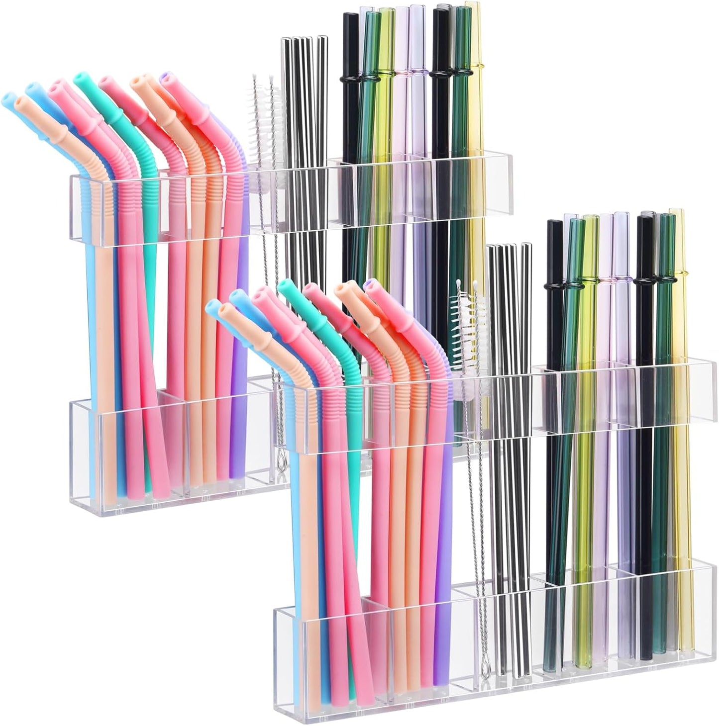 2Pack 9.5” Large Acrylic Straw Holder for Cabinet Door - Ultra Sticky Adhesive Squares