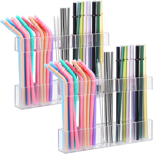 2Pack 9.5” Large Acrylic Straw Holder for Cabinet Door - Ultra Sticky Adhesive Squares