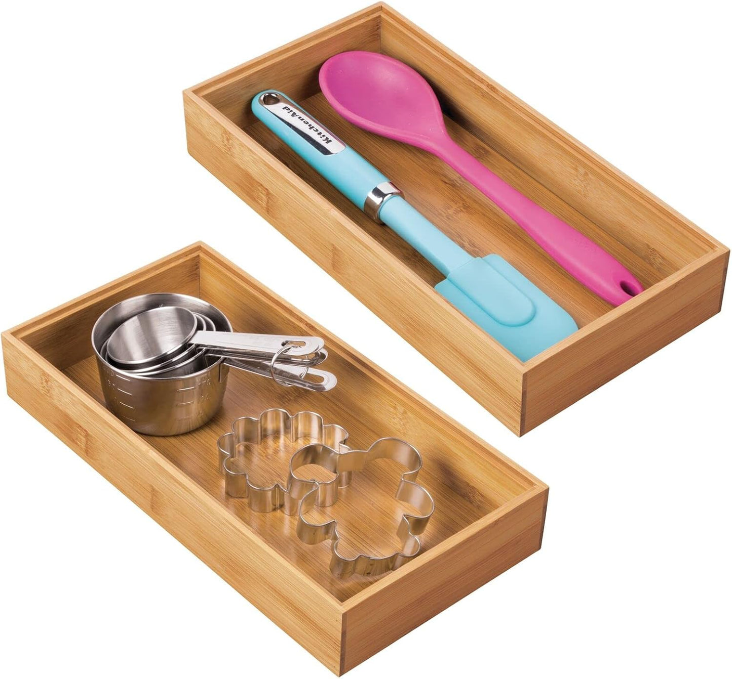 Wooden Bamboo Drawer Organizer - 12" Long Stackable Storage Box Tray for Kitchen Drawers/Cabinet