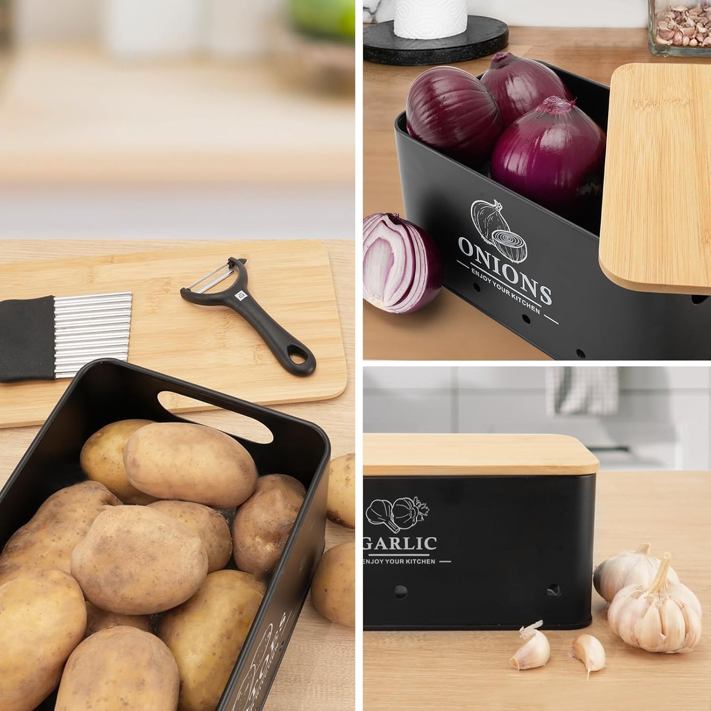 Kitchen Vegetable Storage Set of 3, Metal Onion Garlic Potato Storage Set