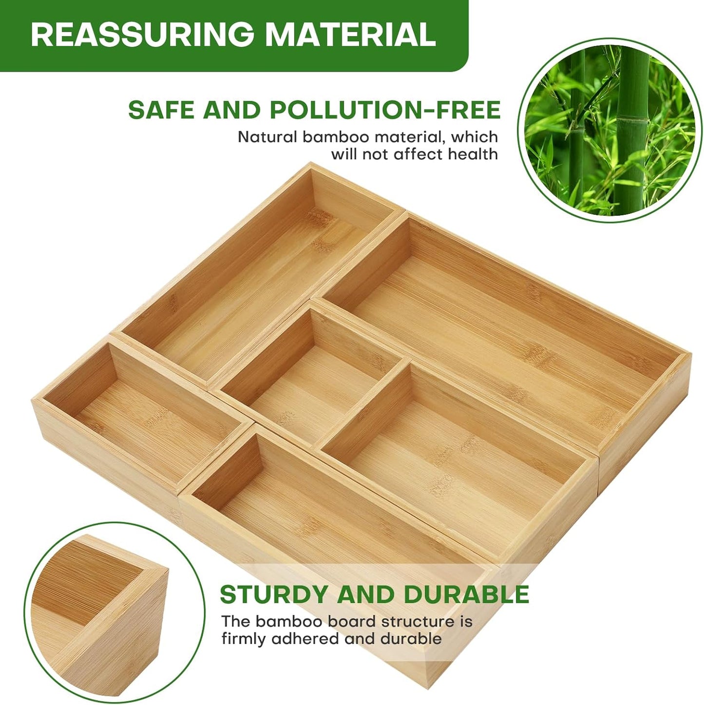 Bamboo Drawer Organizer Set, 5 PCS Multi-Use Individual Wood Storage Organizers