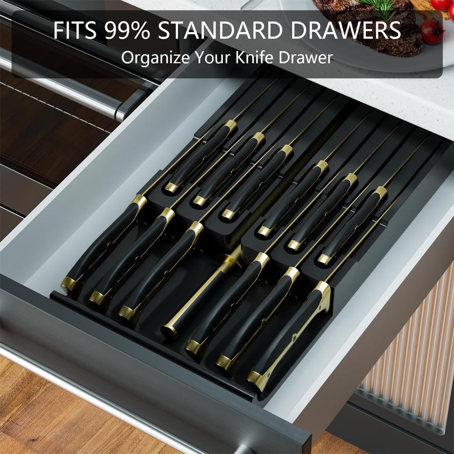 Bamboo In-Drawer Knife Block - Kitchen Drawer Organizer Insert, Steak Knife Holder without Knives