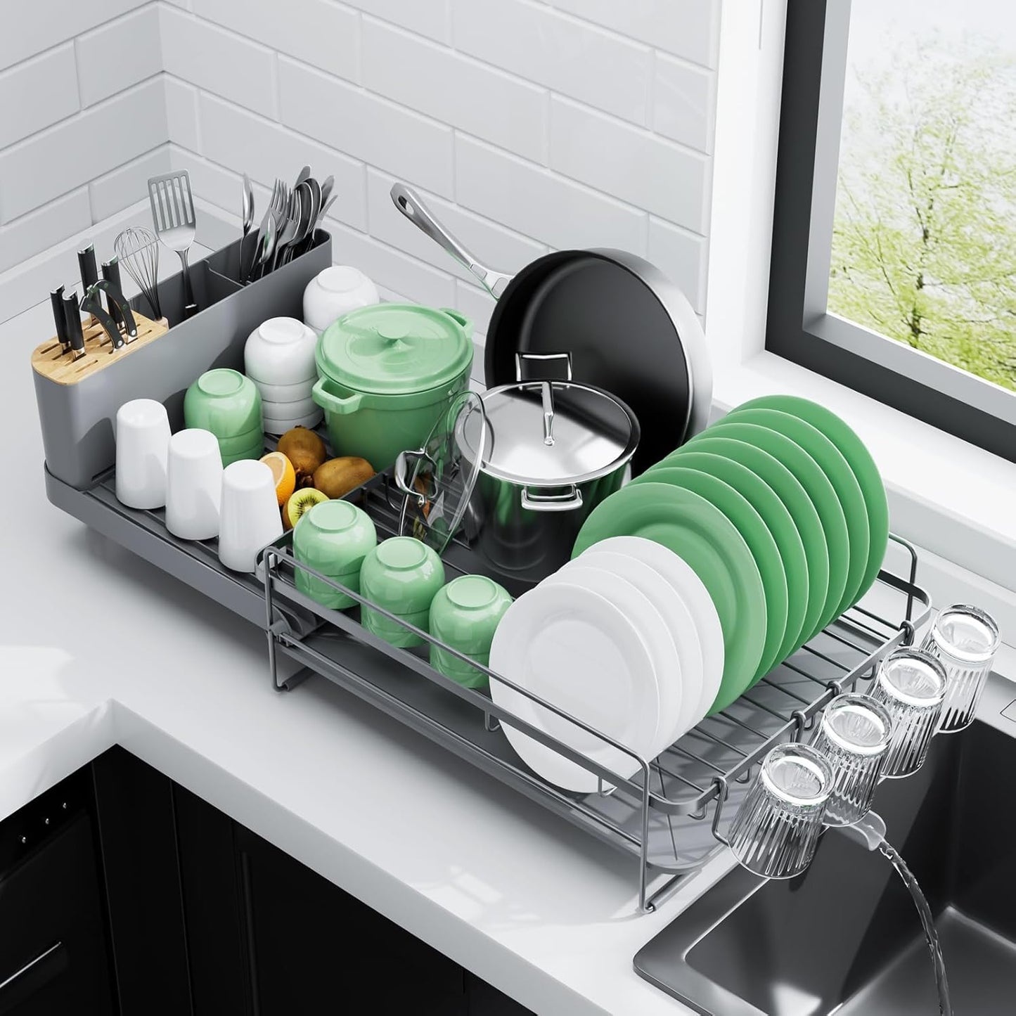 Extendable Dish Drying Rack, Large Drying Dish Rack with Cutlery & Cup Holders