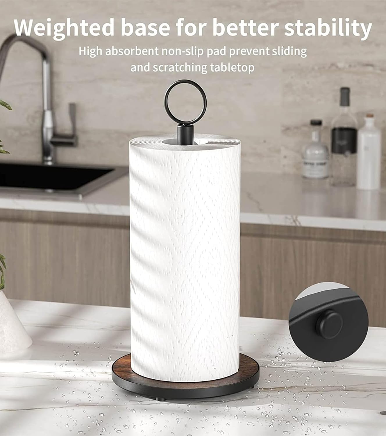 Paper Towel Holder Countertop with Heavy Duty Wood Base