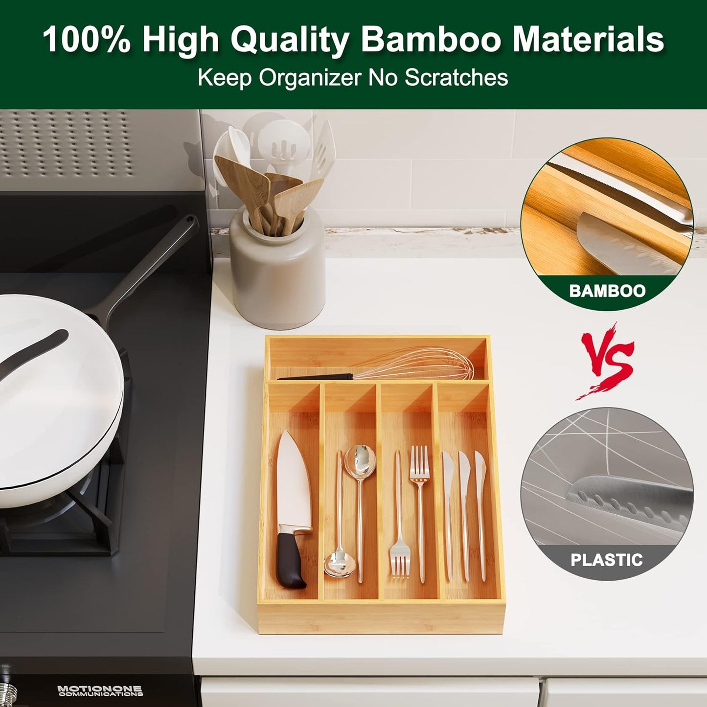 Utensil Organizer 10 Inch Silverware Tray for Drawer Utensil Holder Cutlery Organizer Kitchen Drawer Organizer 5 Compartment Small Narrow Bamboo