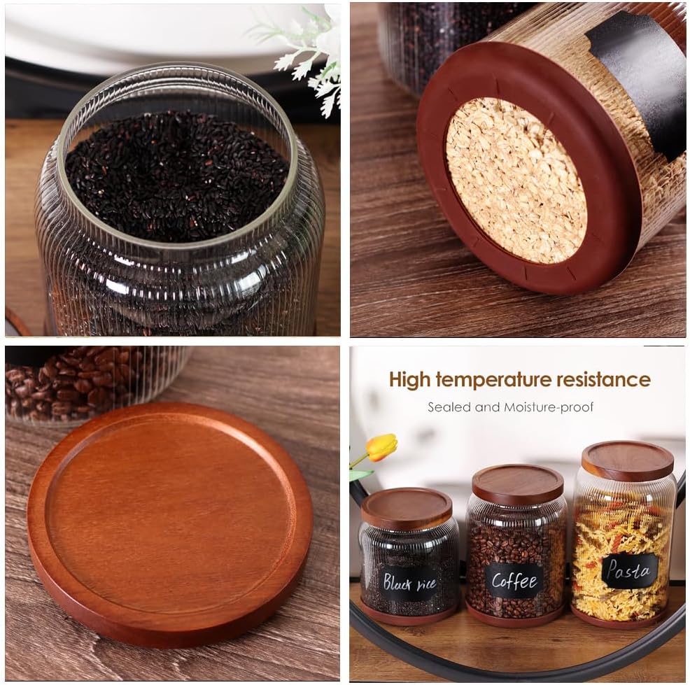 2-Pack Striped Borosilicate Glass Airtight Canisters - Big mouth Large Capacity, Acacia Wood Lid