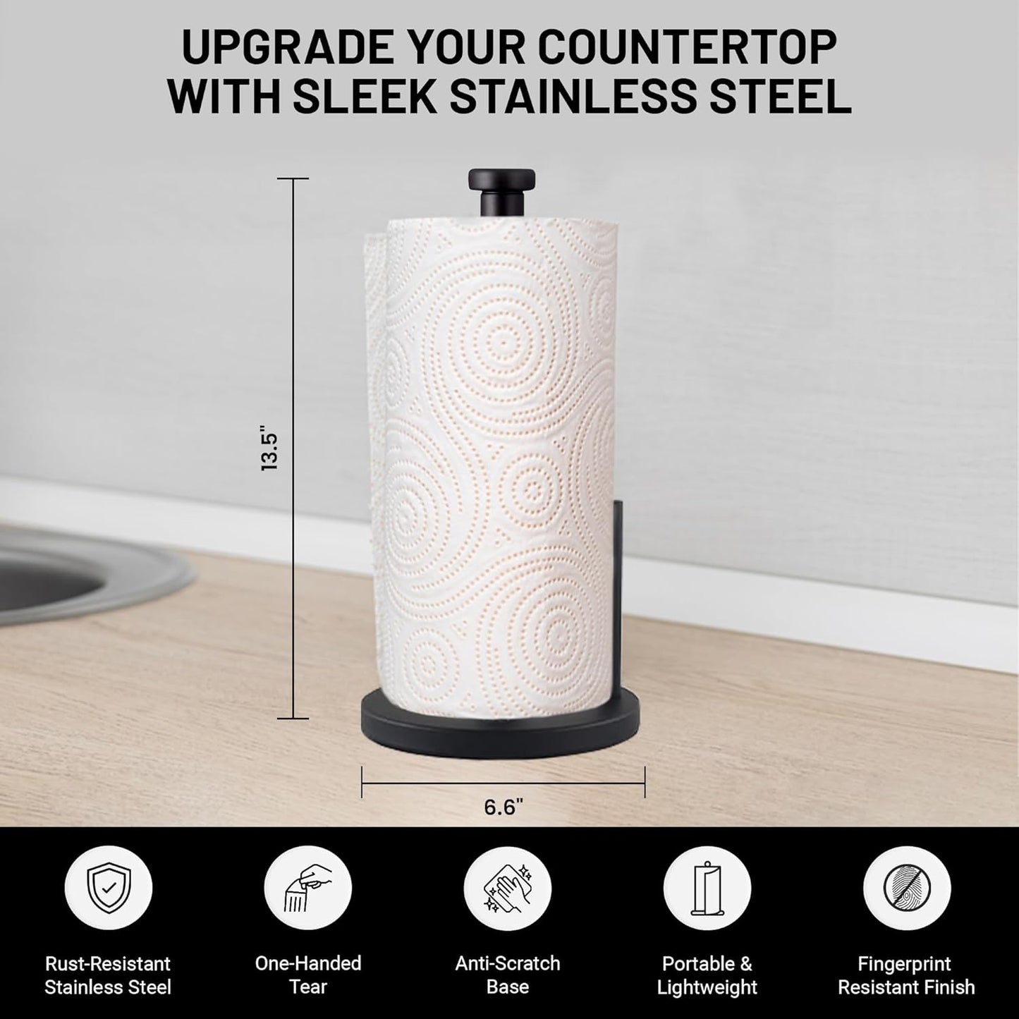 Black Paper Towel Holder Countertop Stainless Steel Paper Towel Stand with Weighted Non-Slip Base One-Handed Tear, Rust-Resistant Kitchen Roll Holder, Standard, Jumbo & Large Rolls