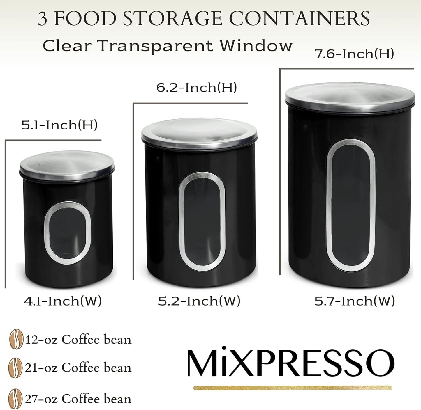 3-Piece Black Canisters Sets For The Kitchen, Airtight Canister Set With See Through Window