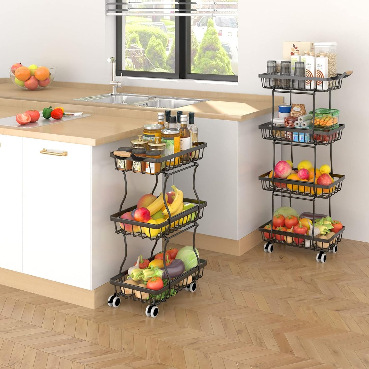 4 Tier Slim Fruit Basket for Kitchen, Stackable Metal Wire Fruit Vegetable Storage Baskets Organizer Stand on Wheels, Produce Basket Potato Onion Storage Bins Rack for Pantry. (Black)