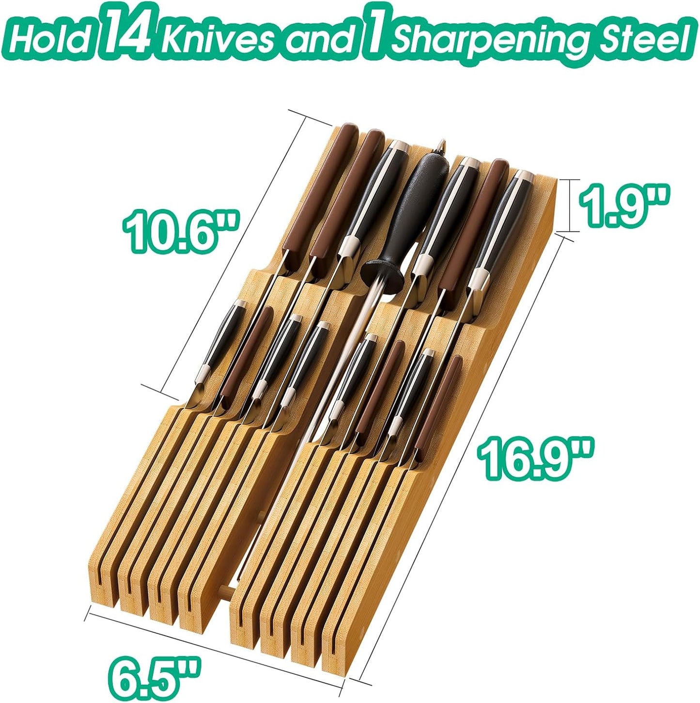 Drawer Knife Block Organizer, Bamboo Wood Drawer Knife Organizer, Bamboo Wood Block Organizer