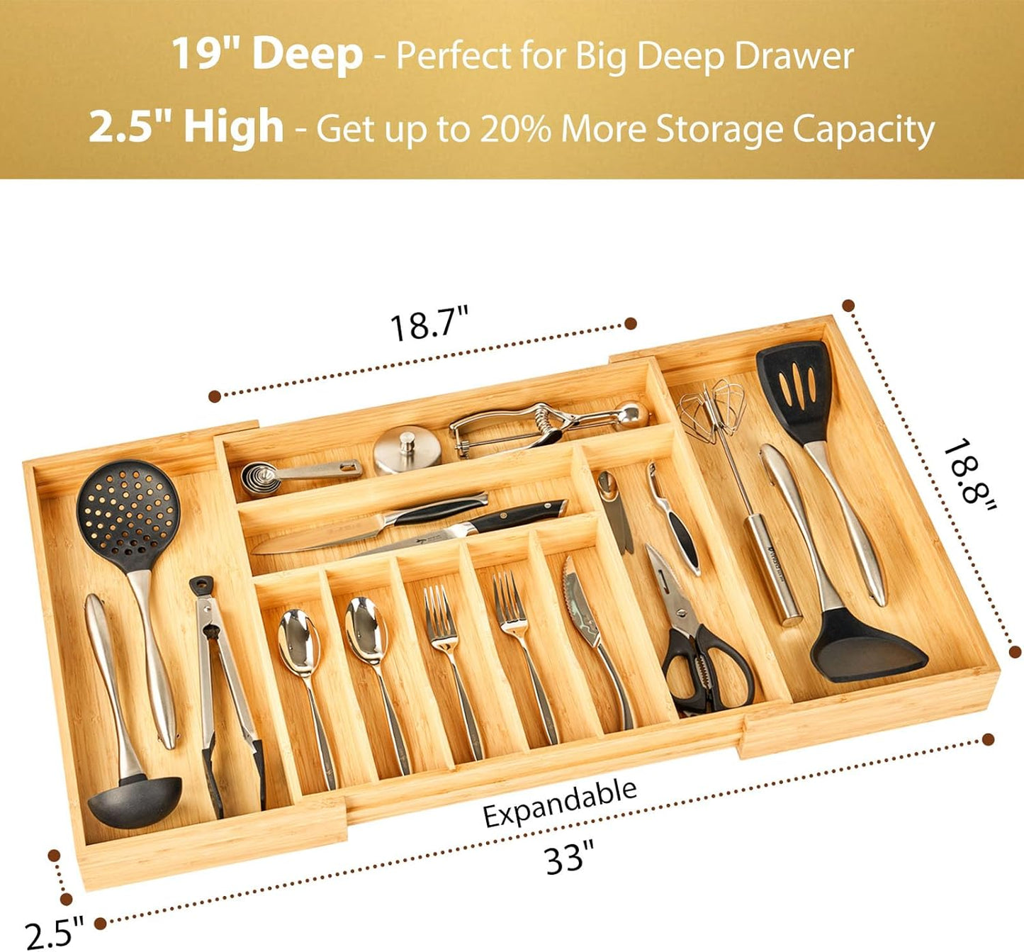 Extra Large Expandable Kitchen Siverware Utensils Drawer Organizer, 19" Deep for Big Drawer