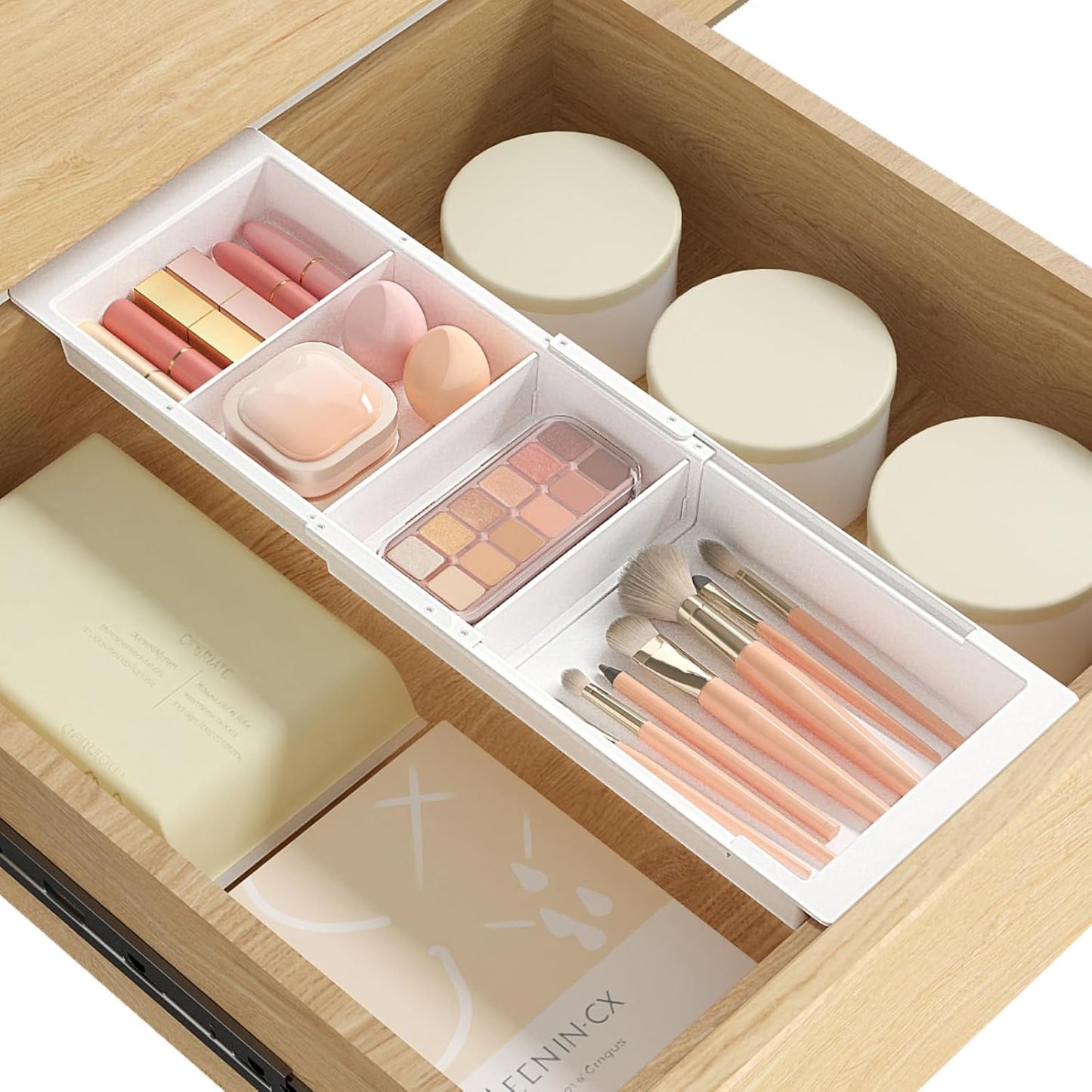 Sliding Makeup Drawer Organizer, Fits 13-20" Deep Drawers, Extendable Hanging Divider