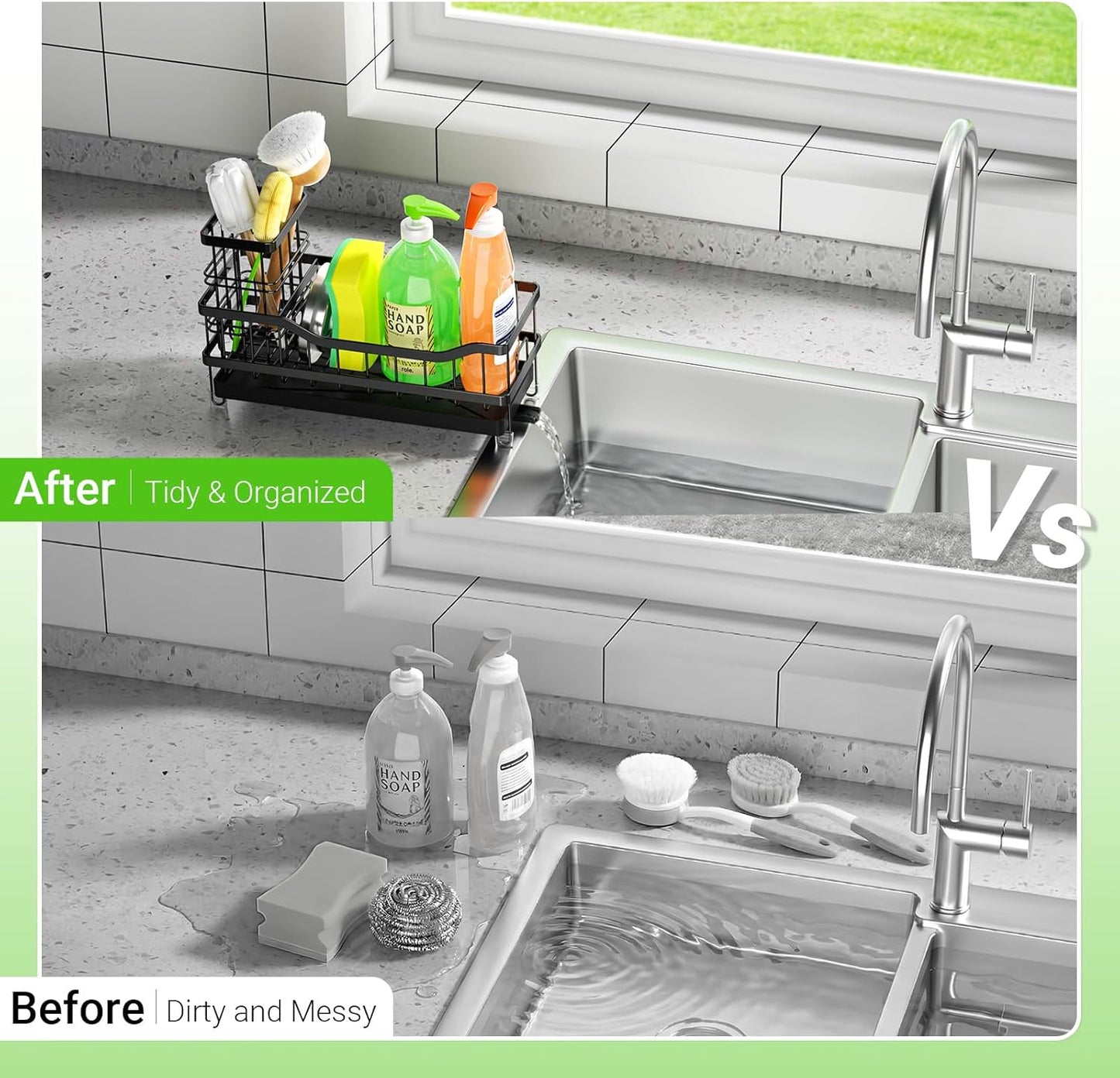 Sponge Holder for Kitchen Sink, Self-Draining Sink Caddy Organizer with Removable Brush Holder