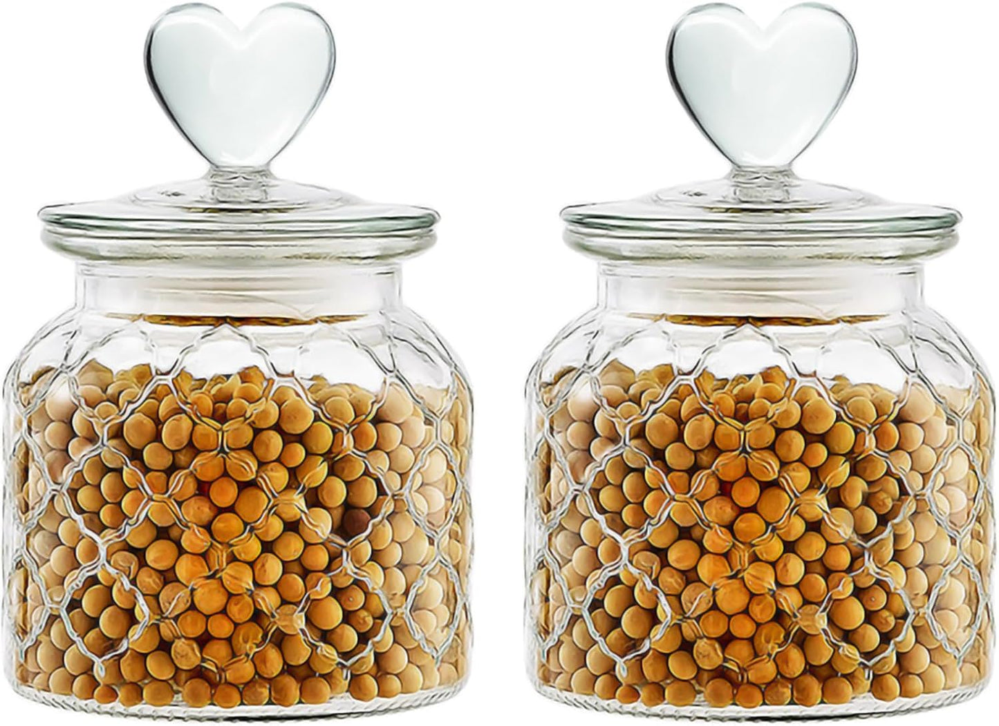 22 oz Clear Glass Canister with Cute Heart shaped Lids Set