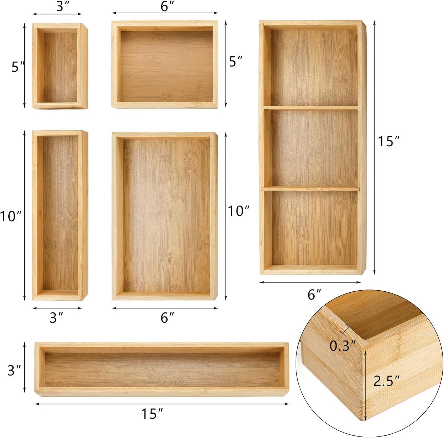 Set of 6 Bamboo Drawer Organizer Storage Box, Adjustable Cutlery Drawer Organizer