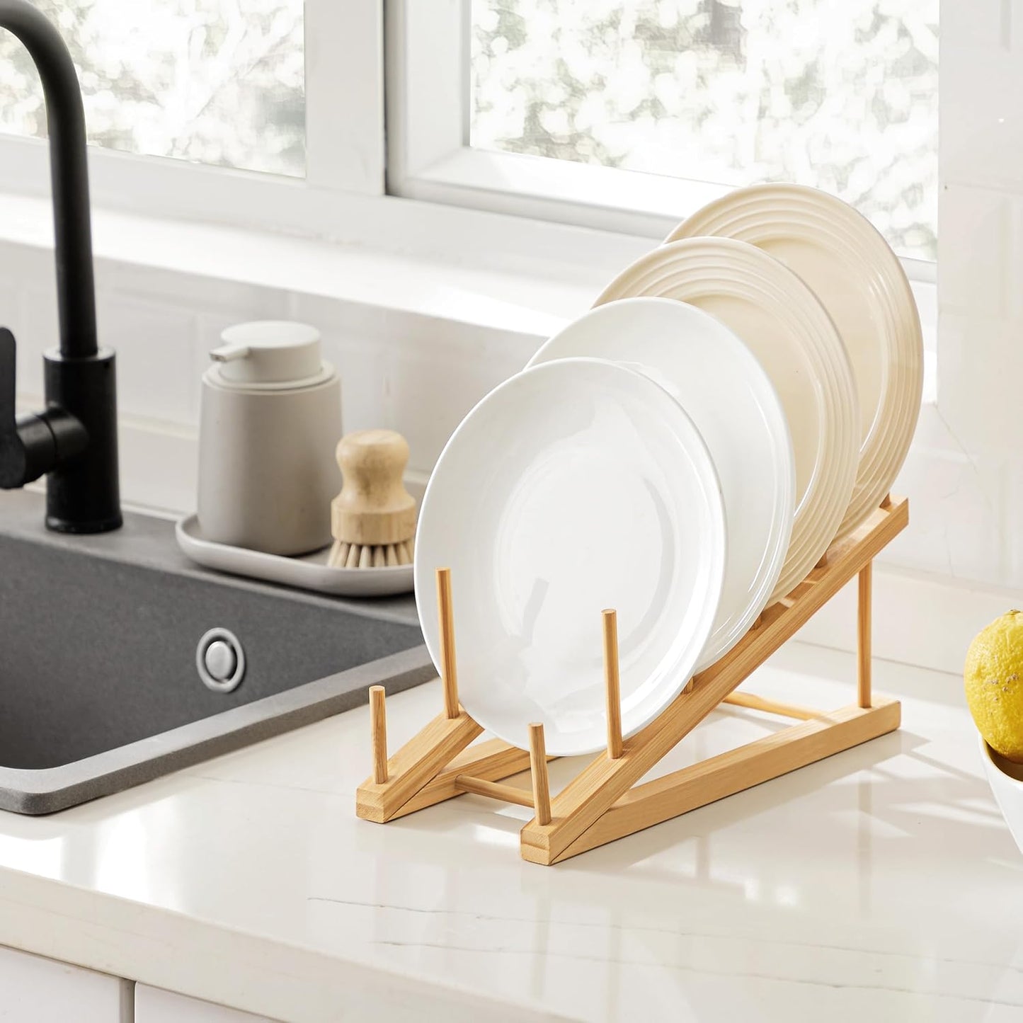 Bamboo Wooden Dish Drying Rack, 1 PCS Plate/Dish/Book/File/Bowl/Cup/Cutting Board/Pot Lid Organizer for Kitchen Counter, Office, Display Cabinet