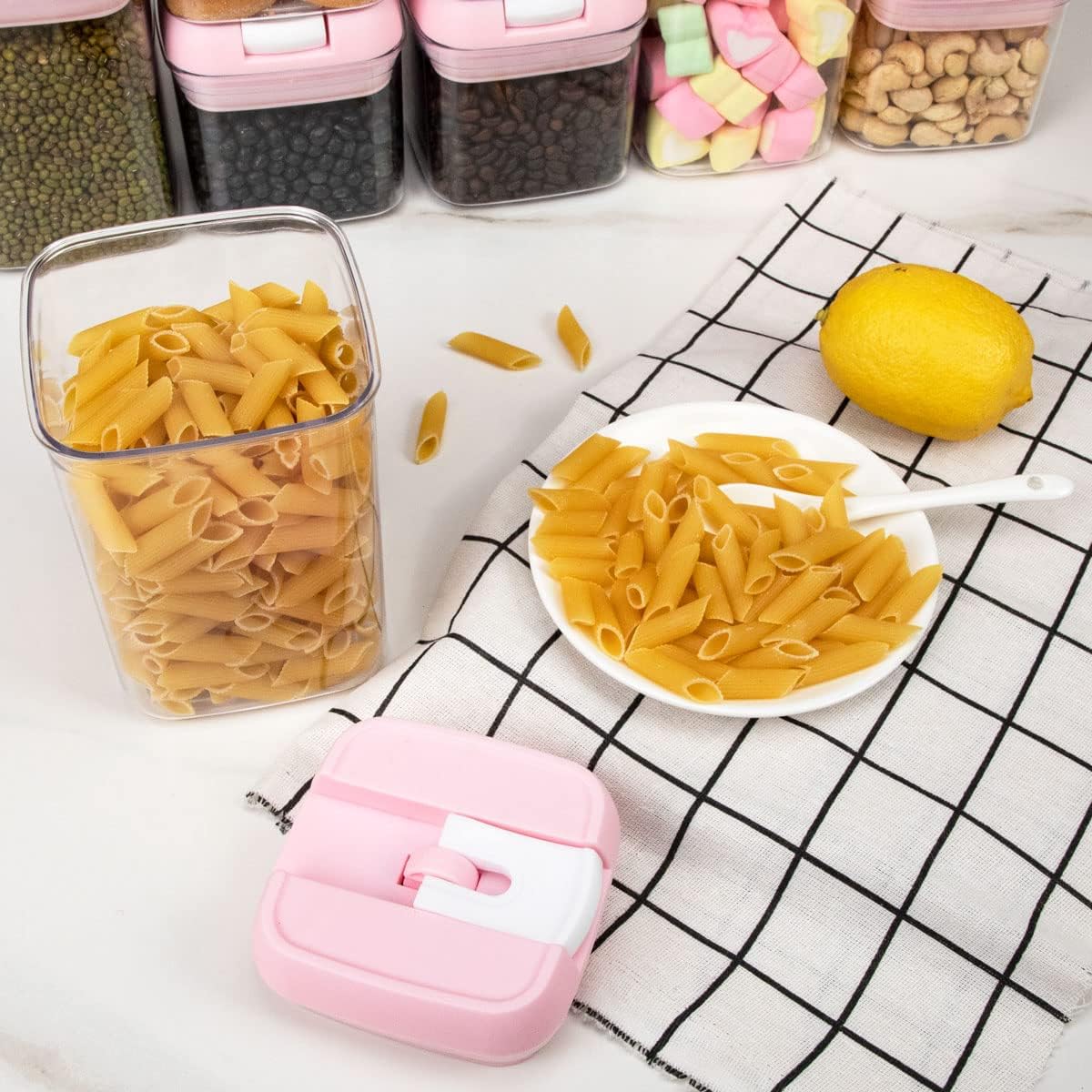 Airtight Food Storage Container Set-10 Piece BPA Free Clear Plastic Cereal Canisters with Easy Lock Lids-Kitchen & Pantry Organization Containers for Sugar, Flour, Cereal, Labels & Marker(Pink)